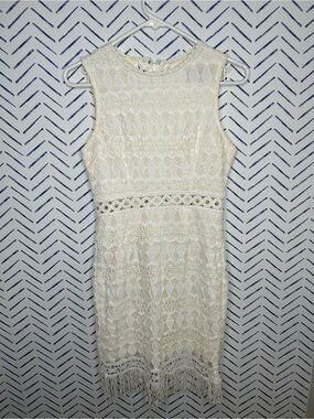 Lulu's WhiteCream Crochet Fringe Mini Dress lined Xs Stretch